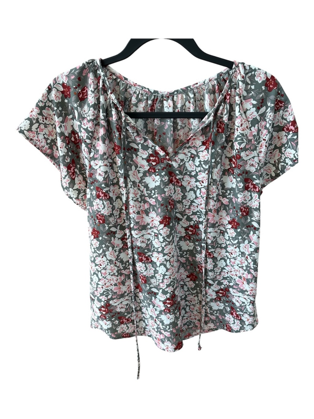 Source Unknown Floral Tie-Neck Blouse - Sage, Pink & Red